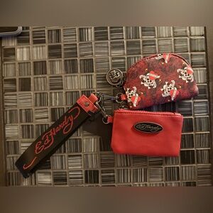 🌹ED HARDY Love Kills Slowly Two Pouch Wristlet Keychain W/Heart and Skull Charms